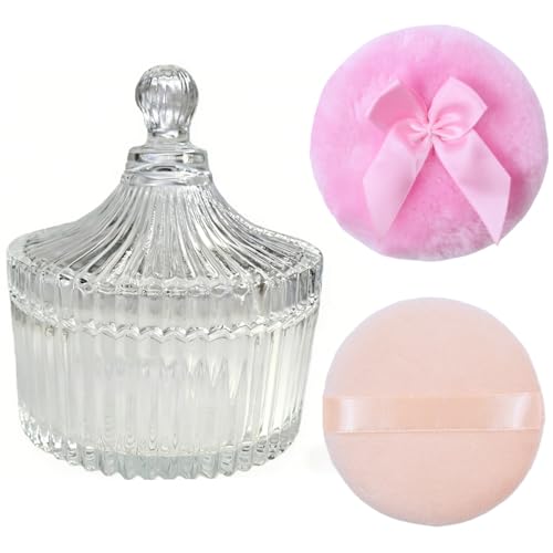 ZHIYE 2 Pcs Body Powder Puffs with Glass Dusting Powder Container - Washable Reusable Puffs for Body Talcum & Bath Powder Empty Storage Box for Women & Baby Skincare