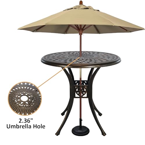Image of 30.7 inch Outdoor Round Cast Wrought Aluminum Patio Metal Dining Table with Umbrella Hole, Cast Aluminum Frame Bistro Table for Backyard Lawn Balcony Deck, Bronze