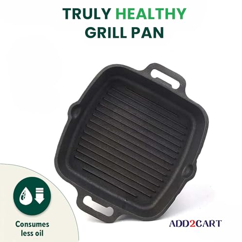 Image of Add2Cart Black, 100% Pure & Toxin-Free, No Chemical Coating, Medium, 26.3 cm /10.5 inch, 1.8Ltr, 3kg Pre-Seasoned Cast Iron Grill Pan with Double Handle that is Induction Friendly
