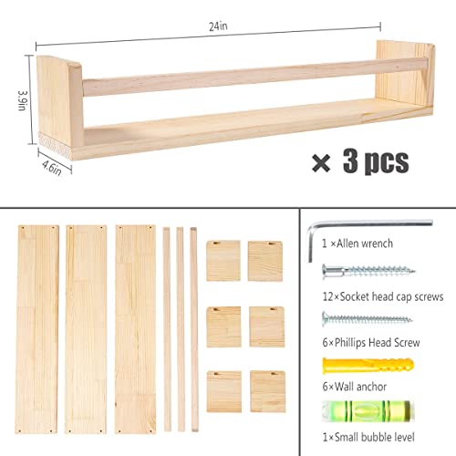 Mbyd 24 Inch Floating Bookshelves, Handmade Natural Wood Wall Shelf, Wall Book Shelf For Kitchen Spice Rack Or Bathroom Shelves, Set Of 3 Same Dimensions #TOP2