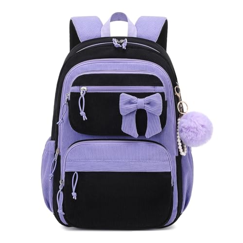 MUSEVOS School Backpack for Teen Girls Cute Corduroy Backpack for Elementary Middle School with Multi-Pockets Black/Purple
