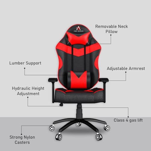 ASE GAMING Infinity Series Ergonomic Gaming Chair Premium PU Leather, Adjustable Neck & Lumbar Pillow, 180 Degree Recline with Black Metal Base (Red) - Image 2