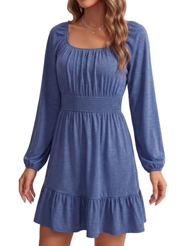 Image of Vrtige Women's Square Neck Long Sleeve Shirred Waist A Line Ruffle Hem Casual Party Mini Dress