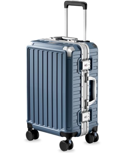 Carry On Luggage with Spinner Wheels, 8010S Aluminum Frame Zipperless Polycarbonate Hard Shell Suitcase (ZX-Core, Blue, 20 Inch)