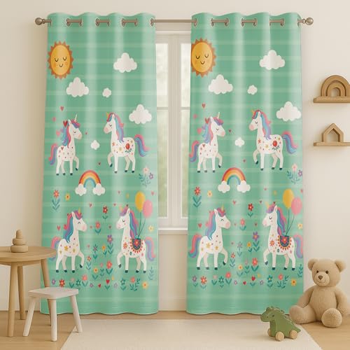 Image of STITCHNEST Velvet Kids Curtains Pack of 2 | Unicorn, Rainbow & Balloon Print | Semi Blackout Curtains for Girls' Room, Nursery & Toddler Bedroom | 7 Feet
