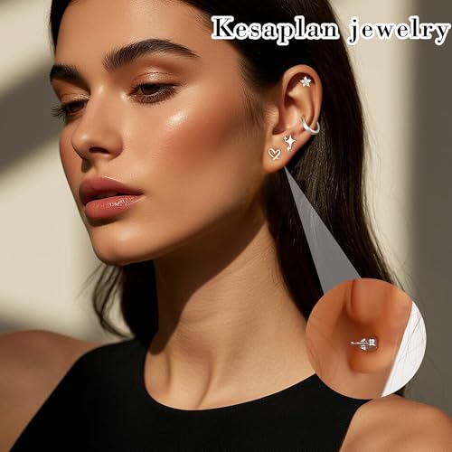 Image of KesaPlan Stud Earrings for Women 14K Gold Plated Hypoallergenic Hoop Earrings Set Small Studs Hoop Huggie Earring Multiple Piercing Star Heart Ball Cubic Zirconia Studs Stacks Trendy for Women Men