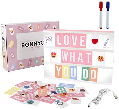 Pink Cinema Light Box with 400 Letters & Emojis & 2 Markers - BONNYCO | Led Light Box Home, Office & Room Decor | Light Up Sign Letters Board Gifts for Women & Girls Christmas & Birthdays | Pink Decor