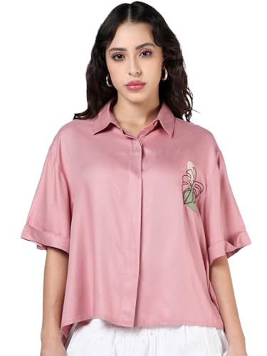 Chemise brodée en sergé de viscose Bewakoof, l'élégance du grand col rose oignon