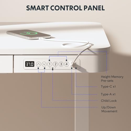 Image of FLEXISPOT Comhar 55 inch Electric Standing Desk with Drawers, USB Charging Ports, Quick Assembly, Height Adjustable Sit Stand Computer Desk with Child Lock for Modern Minimalist Home Office, White