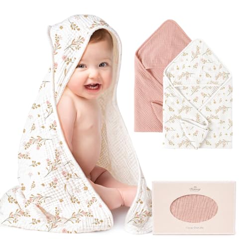 Konssy 2-Pack Muslin Cotton Hooded Baby Bath Towels