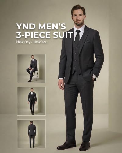 Image of YND Men's 3 Piece Suit with Tie, Solid Color Slim Fit Jacket Vest and Pants