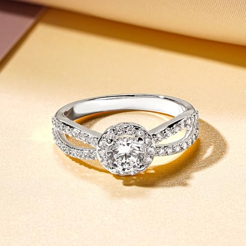 14K White Yellow Gold Plated Cubic Zirconia Promise Halo Engagement Promise Eternity Ring for Women, Bridal Band 1.0-2.0ct CZ Wedding Bands Princess Square Round Rings for Her Size 5-82