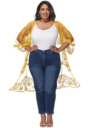 Image of Anna-Kaci Women's Plus Size Lace Cardigan Embroidered Long Kimono Dusters with Half Sleeves