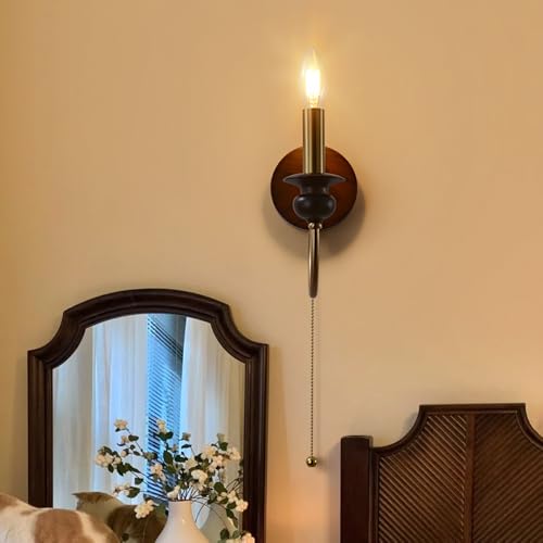 Aplique de pared vintage con interruptor de cadena y base de madera antigua 4