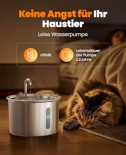 oneisall Katzenbrunnen Edelstahl, 2L Trinkbrunnen für Katze, Extrem Leiser Katzen Trinkbrunnen mit Wasserstandsfenster, katzentrinkbrunnen mit 3 Filtern, Spülmaschinenfest, LED Licht