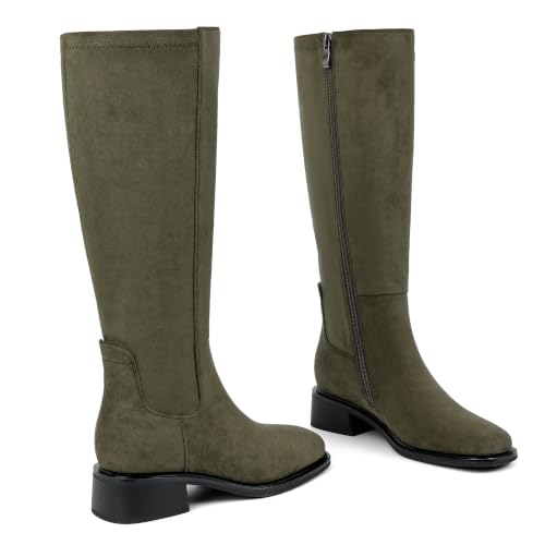 Image of QIY Knee High Boots for Women Low Heel Flat Tall Boots | Stretch Boots, Chunky Heel Womens Boots, Square Toe Heeled Fall Winter Dress Riding Long Boot with Side Zipper