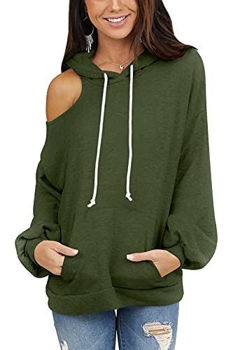 For G and PL Women's Loose Fit Cold Shoulder Hooded Sweatshirt Plain Color Cutout Hoodie with Pocket Olive S