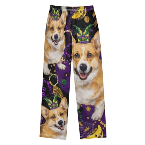 Corgi Dog Mardi Gras Feather Boys Long Pants Soft Trousers Elastic Waist Kids Lounge Bottoms with Pockets S-XL2