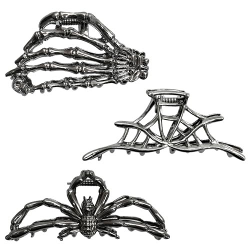 3er Pack Haarklammern, Damen Silber Haarspangen mit Skull Spider Design, Haarschmuck Dunkles Mode für den Alltag und saisonale Styles