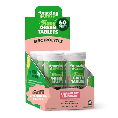Amazing Grass Electrolyte Tablets, Fizzy Greens Water Flavoring Tablet with Vitamins, Hydrate Strawberry Lemonade, 10 Count (Pack of 6) (Packaging May Vary)
