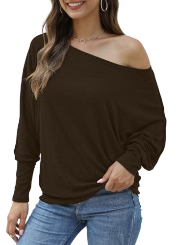 Image of Aifer Women's Off The Shoulder Tops Sexy Long Sleeve Shirts Oversized Fashion Casual Batwing Sweaters Pullover Tunic Tops