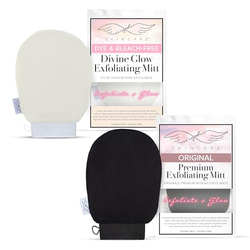 SERAPHIC SKINCARE Exfoliating Mitt Bundle for Body, Original + Divine Glow Vegan Viscose Korean Scrub Gloves for Dead Skin Removal, Self Tan Prep, KP Bumps & Smooth Radiant Skin image 4