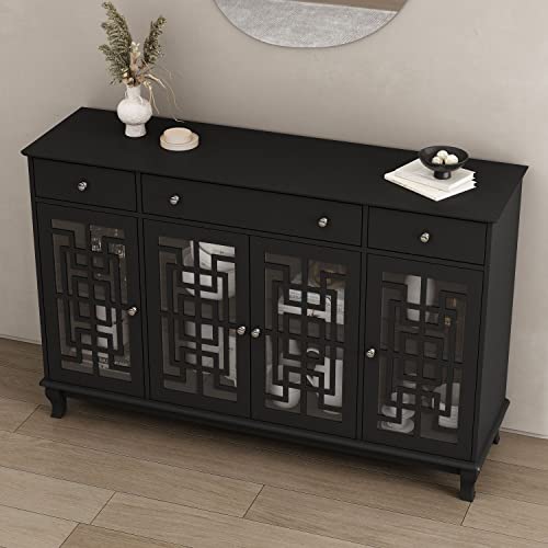 Didugo Black Sideboard Buffet Cabinet With Drawers & Glass Doors, Sideboards And Buffets With Storage, Wooden Credenza With Adjustable Shelves, Wooden Legs, For Kitchen (55.1”W X 15.7”D X 35.4”H) #TOP3