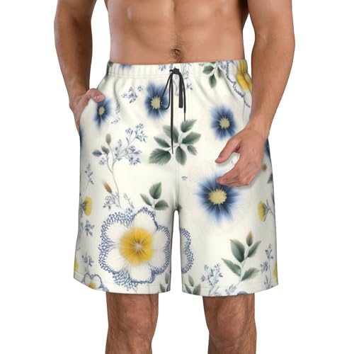 Blue Flower Floral Pattern Print Stylish Men Beach Shorts Lightweight Cozy Swim Trunks Summer Casual Outings Holiday