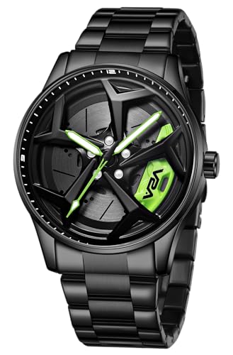 Image of V2A Men's Analog Watch with Spinning Wheel Dial - Black and Green| Stylish Stainless Steel Band | Water & Scratch Resistant - Model 2310