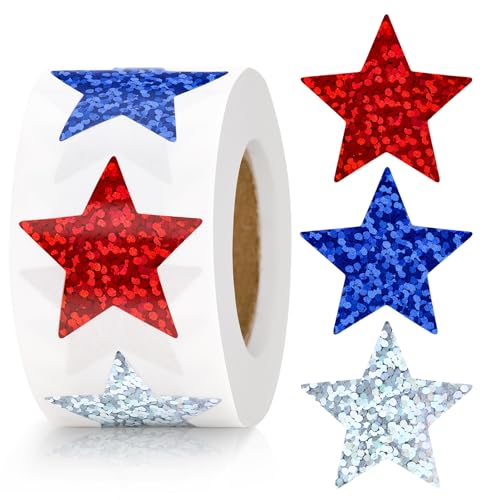 Anwyll Star Stickers - 500Pcs 1Inch 4th of July Sticker Holographic Stars Stickers Self Adhesive Red Blue Silver USA Patriotic Star Shape Sticker for Reward Crafts Memorial Independence Day Decoration