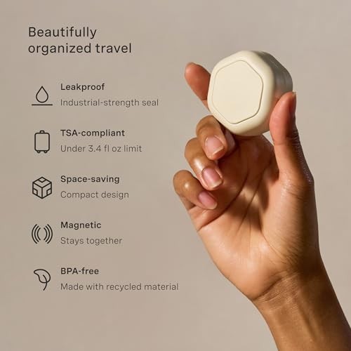 Cadence Travel Containers Basic Skincare Set - Magnetic Containers with Lids,Carry On Travel Essentials For Women/Men - 3 Small Capsules (0.56oz) - Cleanser, Moisturizer & Sun-Icon Labels - Sand3
