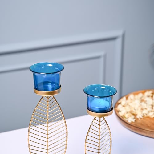 Image of Market99 (2 Votive) Leaf T- Lite Holder Set of 2 | Iron Tealight Holder with Leaf Shape & Blue Color | Glossy Finish Decorative Item for Festive Season and Home Decoration | Leaf Design