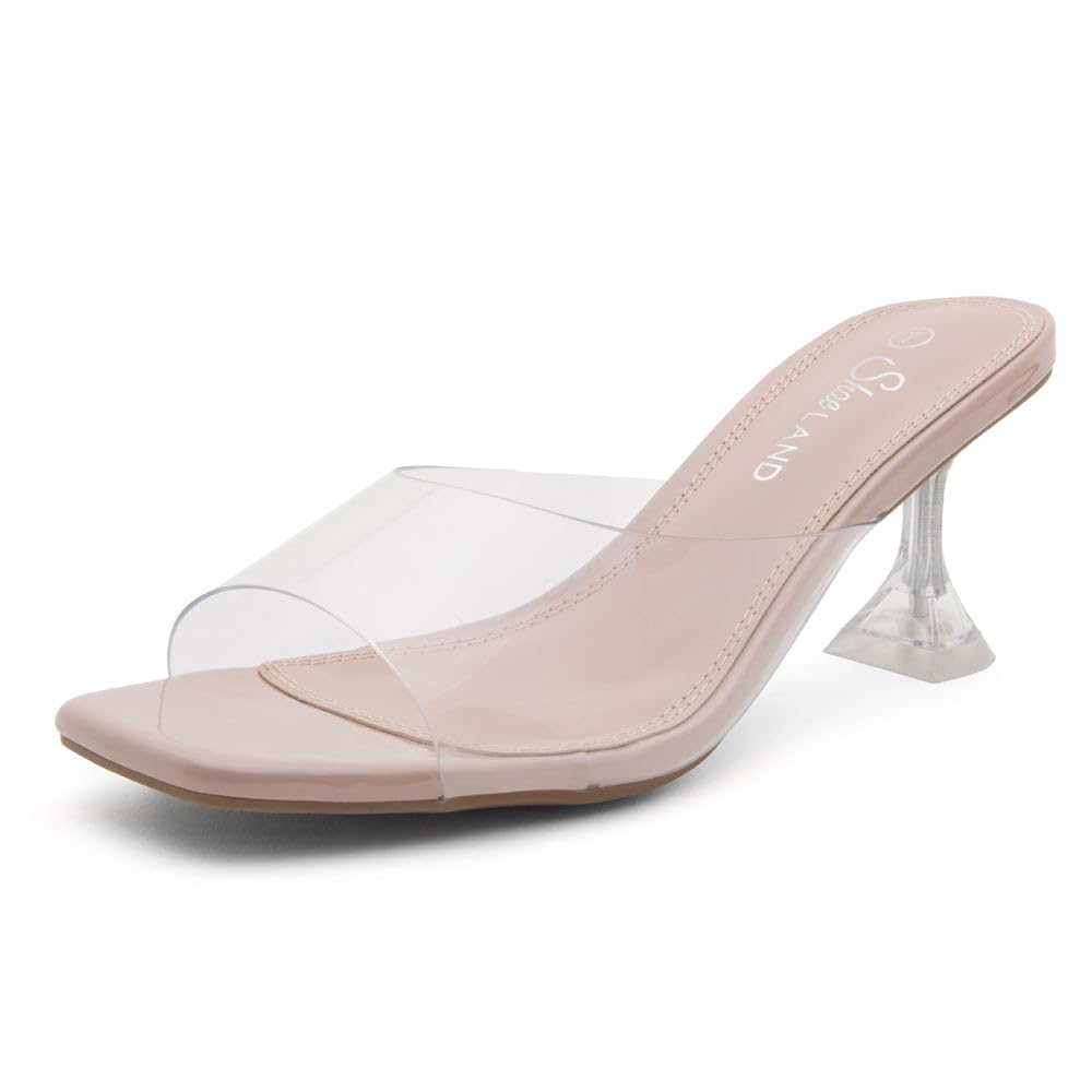 Shoe Land Clear Heels for Women | Kitten Heeled Slides with Square Open Toe | Low Transparent Mules Slip-On Dressy Clear Sandals for Prom, Party &