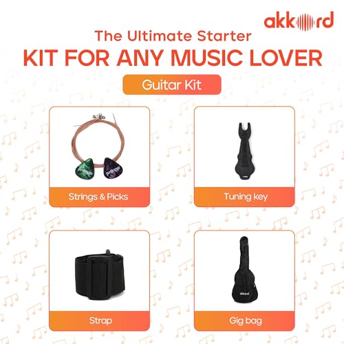 Image of AKKORD Basswood 38 Inch Acoustic Cutaway Guitar Kit With Gigbag, Strings, Picks, Strap And Key - Glossy Black | Complete Guitar Kit For Beginners With Free Course