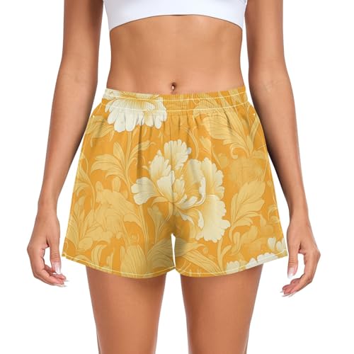 EtherSpher Orange Floral Chinese Style Women Athletic Shorts Loose&Comfy Lady Training Shorts for Biking Surfing Vacation Swim Party Pantalon Corto para Mujer L