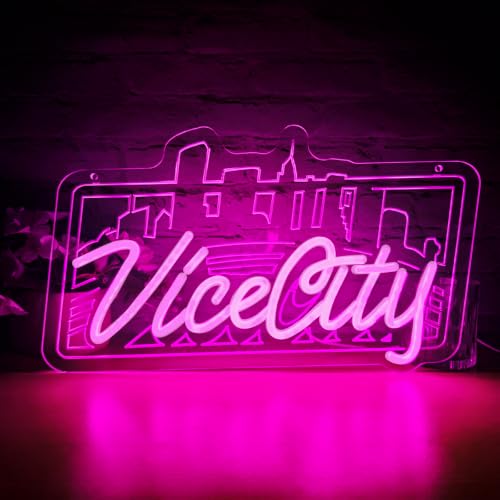 Image of Pink Vice City Neon Sign - Dimmable Led Neon Sign for Bedroom 15.75 x 10.24 Inch,USB Powered for Gaming Room Bar Party Indoor Girl Pub Man Cave Kids Room Decoration Birthday Party Gifts