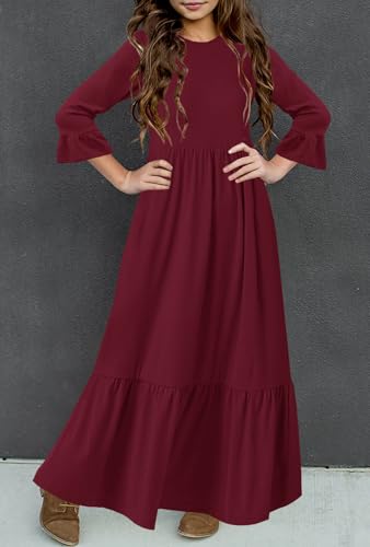 HOSIKA Girls Maxi Dress Crew Neck A-line Loose Flowy Tiered Holiday Casual Dresses with Pockets for 6-12 Y2