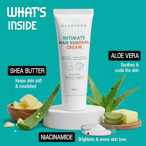Image of Glamveda Intimate Hair Removal Cream for Men 60g | Pubic Hair Removal | Painless, Faster, Soothing | Brighten, Non Irritating | For Sensitive Body Areas | Body Hair Remover | All Skin Type
