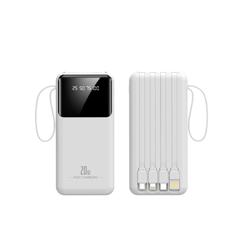 Batería externa blanca de 20000 mAh con 4 cables integrados, batería portátil USB C Slim Power Bank con 6 salidas y 3 entradas