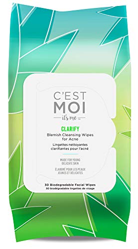 C'est Moi Clarify Facial Wipes | Gentle Face Cleansing Wipes, Controls Breakouts, Clinically Tested Natural & Organic Non-Toxic Ingredients Including 1% Salicylic Acid for Acne, 30 Biodegradable Wipes