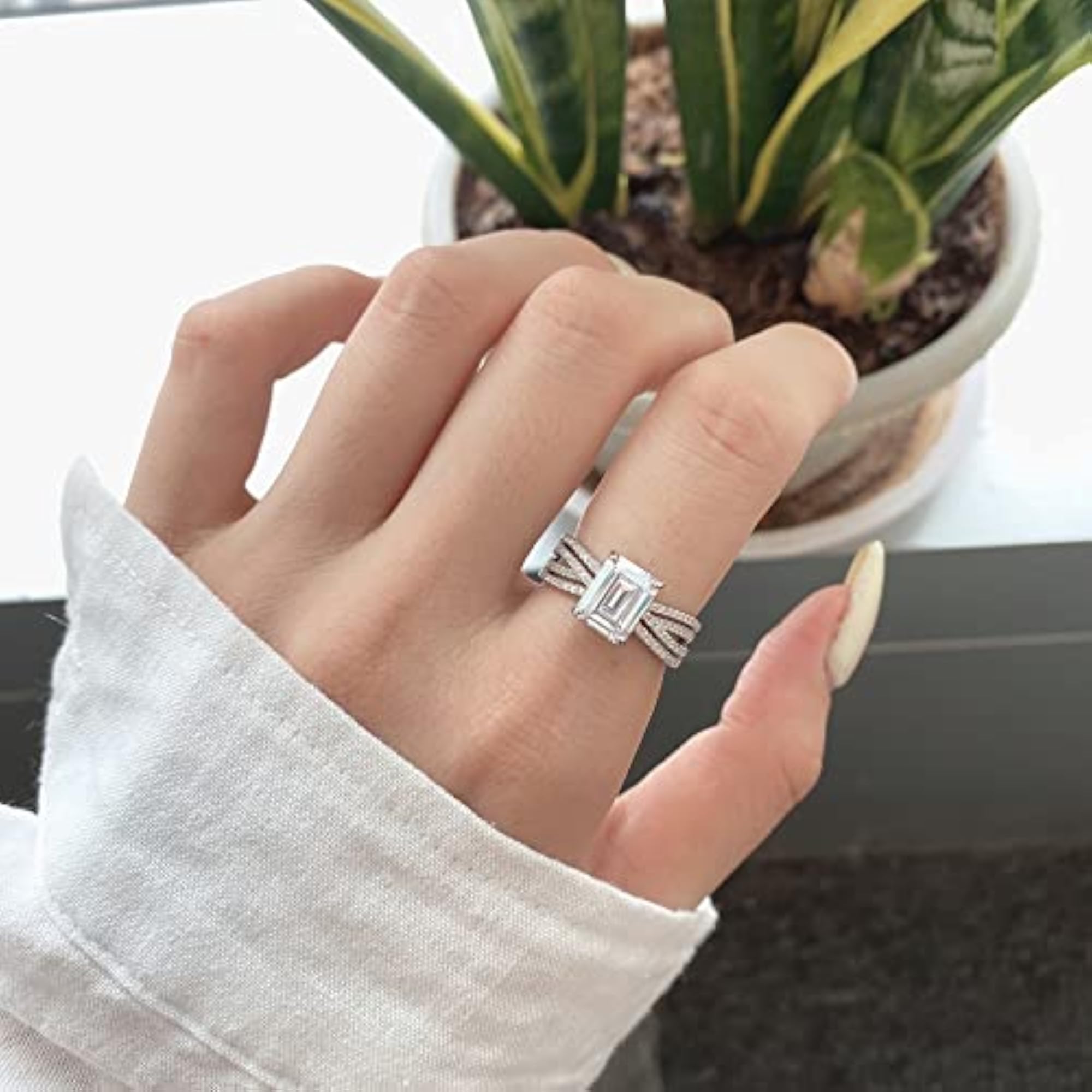 925 Sterling Emerald Cut Engagement Ring for Whites Collection, Hallmarked