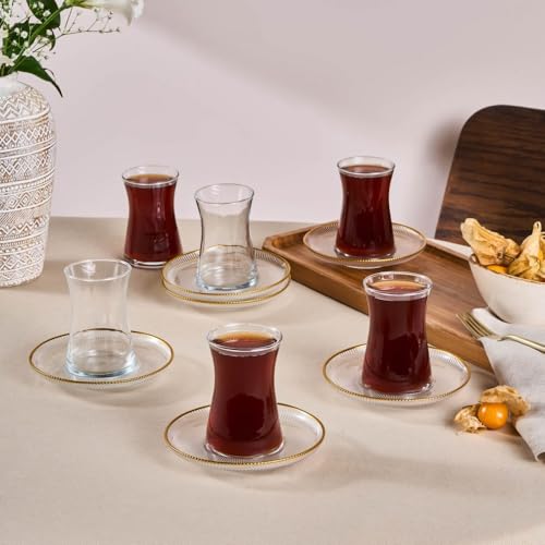 Karaca Juliet 12-Piece Turkish Tea Set for 6 People 170ml Glass Turkish Tea Set Gold Tea Set Luxury Tea Glasses Elegant Tea Set Gold