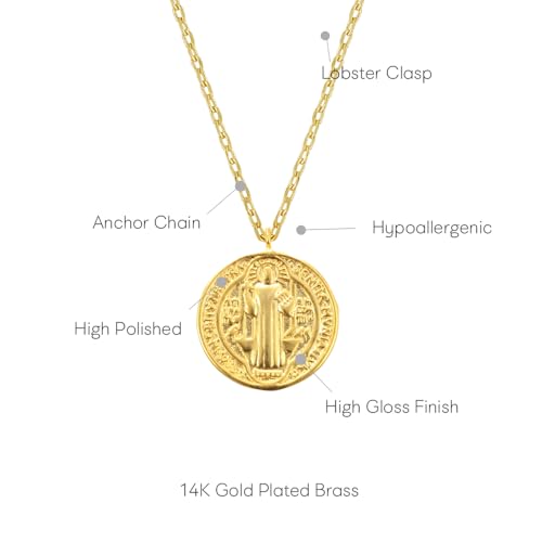 MUSTHAVE ST. Benedict Coin 18K Gold Plated Necklace With Message Card, Yellow and White Color, Anchor Chain, Best Gift Necklace, Size 16 inch + 2 inch Extender, Pendant3