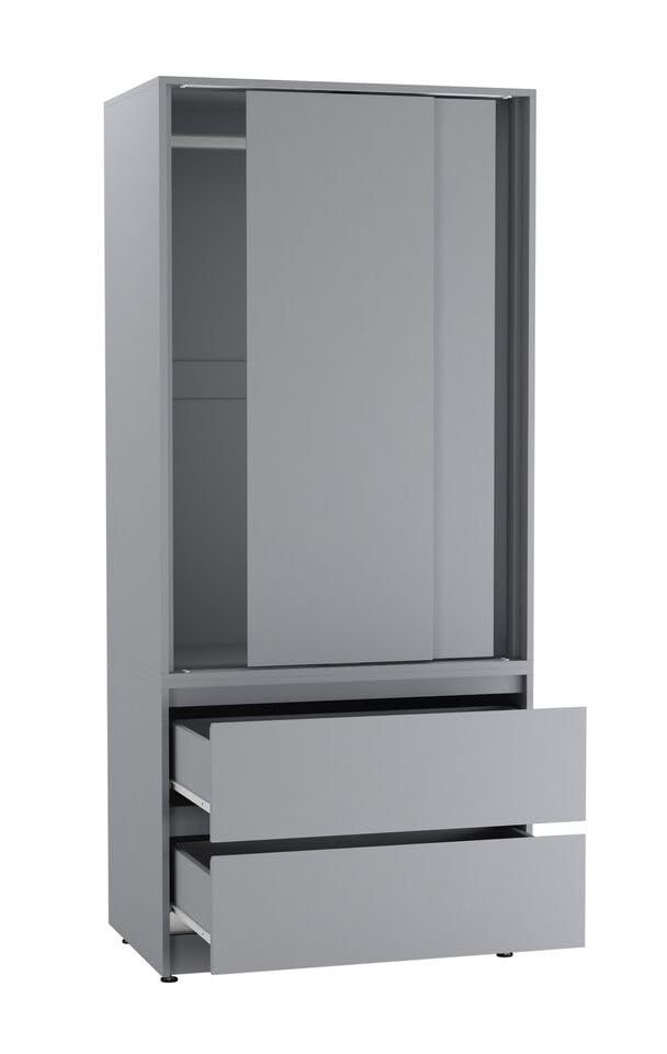 URBNLIVING 2-Door 2-Drawer Sliding Wardrobe, Modern Bedroom Storage Cupboard with Hanging Rail, Smooth Silent Sliding Doors, Adjustable Feet, Safety Wall Fixing and Mix or Match Carcass & Door Colours