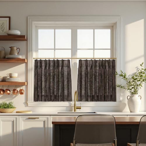 Image of TWOPAGES Pinch Pleat Leaf Print Cafe Curtains, Wine, 26W x 18L