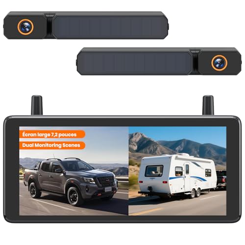 AUTO-VOX 7,2" DVR Caméra de Recul sans Fil Solaire, Installation en 2 Mins, 1080P Batterie Alimentée, Prend en Charge 2 Caméra, étanche IP69K pour Voiture/Camping Car/Fourgon/Camion/Remorques