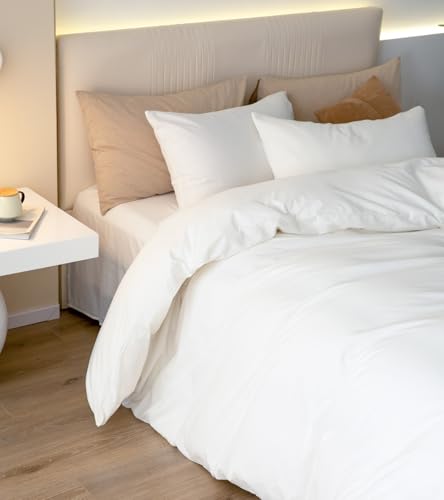 JIYUAN 100% Washed Cotton Duvet Cover Set 3 Pieces Oversized King, 1 Duvet Cover 120x98 Inches(Comforter Not Included) and 2 Pillowcases,Linen Feel Bedding Set Comfy and Breathable,Bright White
