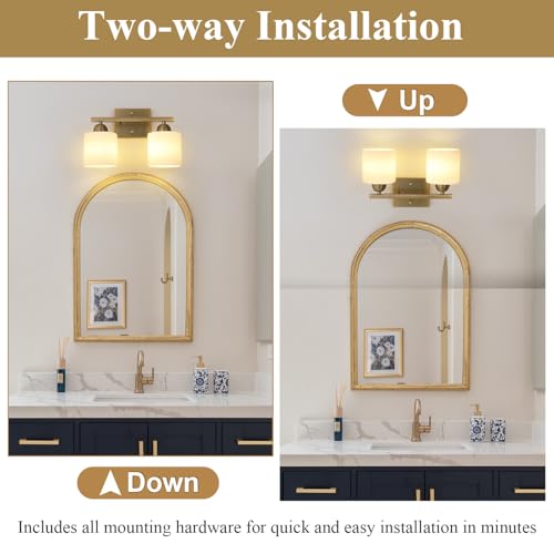 Image of Mecgirn Milk Glass Vanity Lights for Bathroom, 2 Light Antique Matte Brass Bathroom Vanity Light Fixtures Over Mirror, Ceramic E26 Sockets Wall Mounted