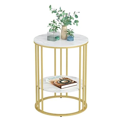 Marble Top Side Table Gold: Small Circle End Tables 40 x 54cm Sintered Stone Bedside with Metal Golden Legs Modern White Nightstand 2 Tier Round Sofa Coffee Table for Bedroom Living Room Furniture Cover