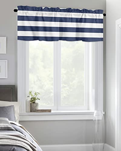 Chucoco Nautical Kitchen Window Valances Navy Blue White Stripe Rod Pocket Short Curtain Valance, Simple Color Striped Art Printed Windows Treatment Drapes For Bedroom/Bathroom/Living Room #TOP1